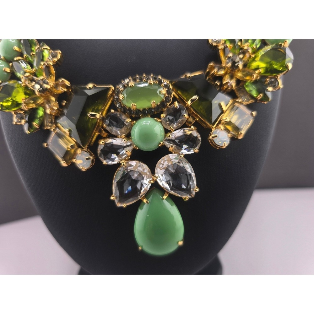 J Crew Statement Bib Necklace Green Gold Tone Floral Adjustable 20in